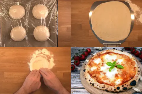 Pizzadeg som jäser, formas och bakas till en Margherita med olivolja.