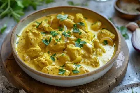 En krämig kyckling curry med bitar av kyckling, lök och persilja i en gyllene sås.