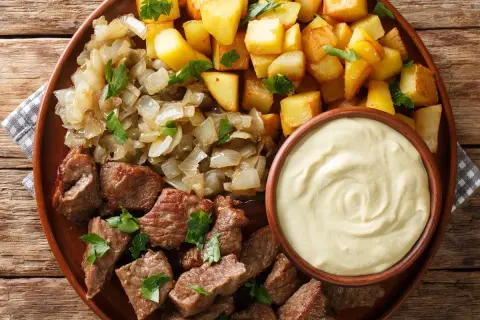 Biff Rydberg med stekt potatis, karamelliserad lök och en krämig sås. En klassisk svensk rätt som smakar fantastiskt!