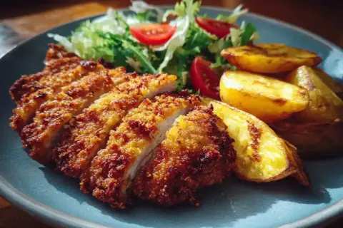 Krispig panerad kyckling med rostade potatisklyftor och en fräsch sallad. En klassisk och god måltid.