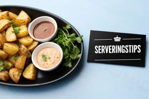 Krispiga patatas bravas med två dippsåser och en skylt med texten "Serveringstips".