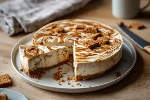 En krämig biscoff cheesecake med en krispig botten, dekorerad med karamellsås och kex. En bit är uppskuren.