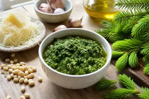 Granskott pesto, en härlig ingrediens för ditt nästa granskott recept. Serveras med pinjenötter, vitlök, parmesan och olivolja.