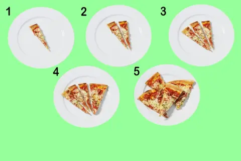 Fem tallrikar med pizzaskivor, från en till fem. Välj din mängd för att kontrollera kalorier pizza.