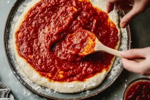 Händer sprider generöst med tomatsås på en pizzabotten. Snart är det dags för en härlig tomatsås pizza!
