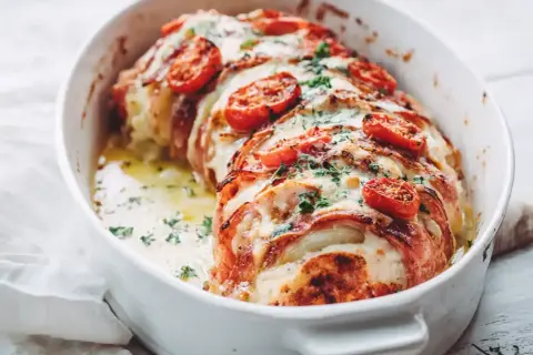 En saftig falukorv i ugn, täckt med ost och tomater, redo att serveras.