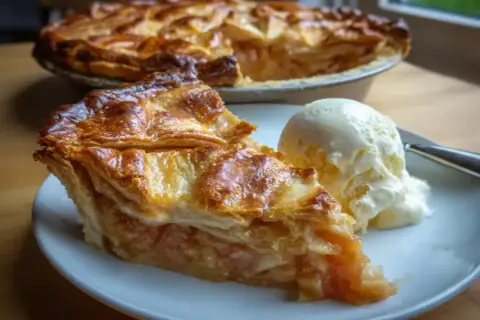 En bit gyllene, gammaldags rabarberpaj med en kula vaniljglass. Pajen har ett flagnande, krispigt skal och en fyllning av rabarber.