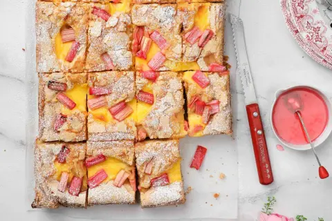 Sliced vanilla squares with rhubarb and custard, dusted with powdered sugar.