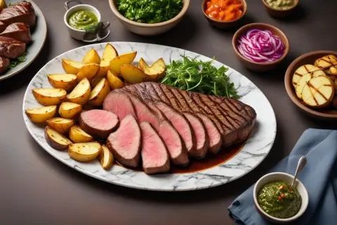 Saftig picanha med rostade potatisklyftor och grönsaker. Ett perfekt picanha recept för en festmåltid.