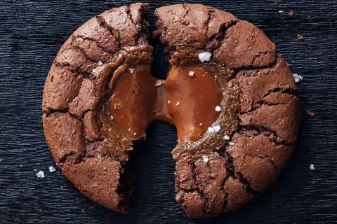 En brownie cookie med salt karamell som rinner ut.