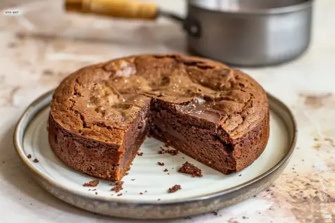 Kladdkaka med saltkristaller, perfekt för ett enkelt kladdkaka recept. En bit är bortskuren och visar den härliga, kladdiga insidan.