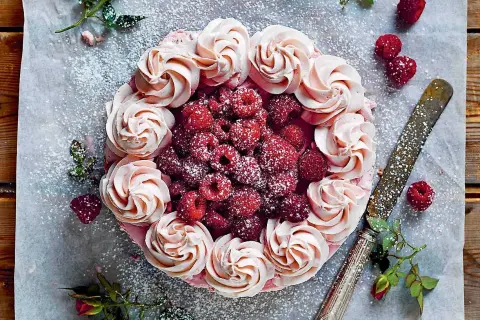 En vacker chokladtårta med hallon, dekorerad med rosa frosting och färska hallon. Pudrad med florsocker.