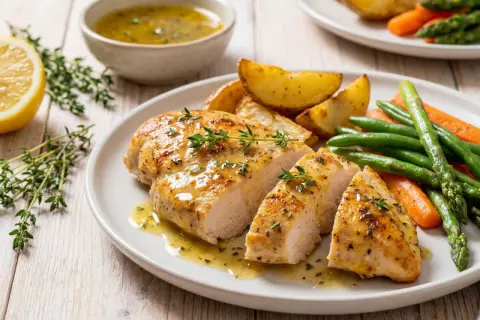 Ugnsbakad kycklingfilé med örter, serverad med rostade potatisklyftor, morötter och gröna bönor. Perfekt kycklingfilé i ugn tid 175 grader.