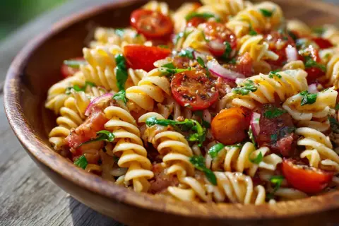En härlig pastasallad med körsbärstomater, rödlök och örter i en träskål, perfekt för en sommarfest.