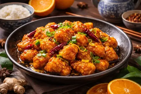 En skål med krispig, glaserad **orange chicken** med chili och salladslök. Ris och apelsinskivor i bakgrunden.