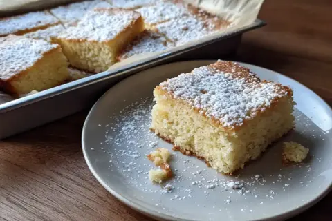 En saftig sockerkaka i långpanna, pudrad med florsocker. En bit ligger på en tallrik, redo att avnjutas.
