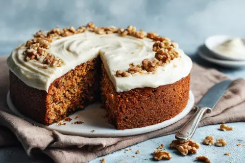 Saftig morotskaka med krämig frosting och valnötter. Ett perfekt morotskaka recept för fikat.