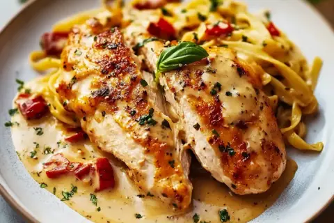 En krämig kycklingrätt med pasta och tomater. Den här "marry me kyckling" ser så god ut att man vill fria till den!