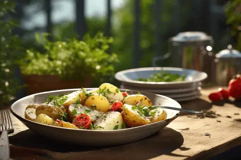 En skål med fransk potatissallad, toppad med färska örter och körsbärstomater, står på ett träbord utomhus.