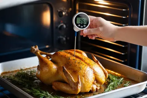 En hand mäter kycklingens innertemperatur med en digital termometer. Den gyllene kycklingen ligger i en ugnsform med rosmarin.