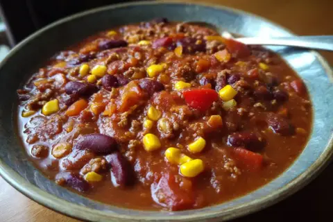 En skål med mustig chili sin carne, full av bönor, majs och paprika. Perfekt för en mysig kväll.