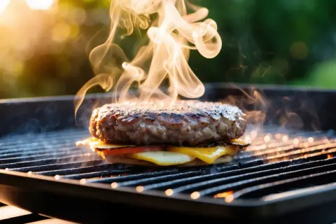 En saftig hamburgare med smält ost och tomat grillas, perfekt hamburgare temperatur med rök som stiger.