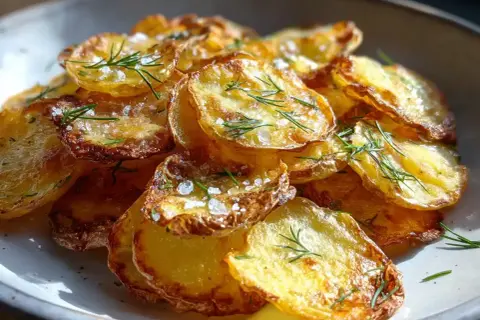 Krispiga potatisskivor med dill och flingsalt, ett perfekt potatis recept för alla tillfällen.