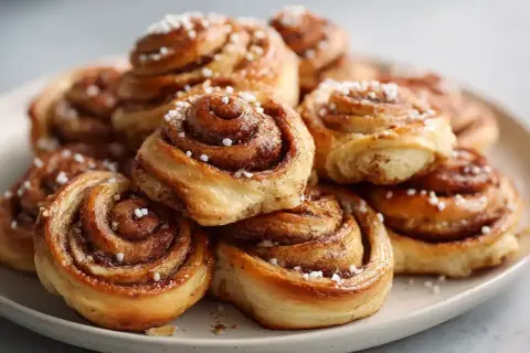 En hög med gyllene, glutenfria kanelbullar toppade med pärlsocker. Doftar ljuvligt av kanel och socker.