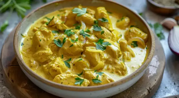 En krämig kyckling curry med bitar av kyckling, lök och persilja i en gyllene sås.