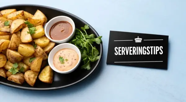 Krispiga patatas bravas med två dippsåser och en skylt med texten "Serveringstips".