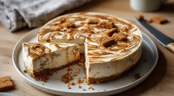 En krämig biscoff cheesecake med en krispig botten, dekorerad med karamellsås och kex. En bit är uppskuren.