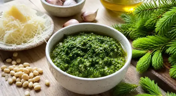 Granskott pesto, en härlig ingrediens för ditt nästa granskott recept. Serveras med pinjenötter, vitlök, parmesan och olivolja.