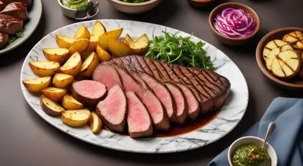 Saftig picanha med rostade potatisklyftor och grönsaker. Ett perfekt picanha recept för en festmåltid.