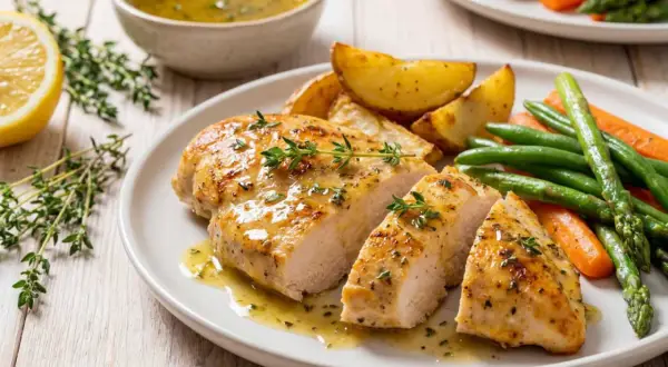 Ugnsbakad kycklingfilé med örter, serverad med rostade potatisklyftor, morötter och gröna bönor. Perfekt kycklingfilé i ugn tid 175 grader.