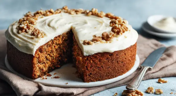 Saftig morotskaka med krämig frosting och valnötter. Ett perfekt morotskaka recept för fikat.