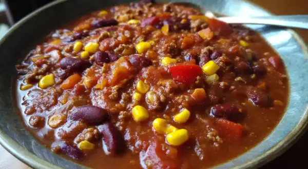 En skål med mustig chili sin carne, full av bönor, majs och paprika. Perfekt för en mysig kväll.