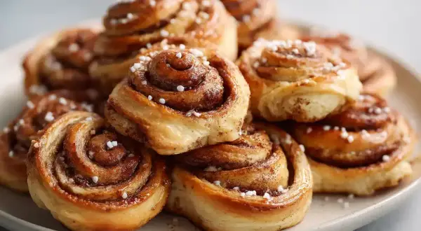 En hög med gyllene, glutenfria kanelbullar toppade med pärlsocker. Doftar ljuvligt av kanel och socker.