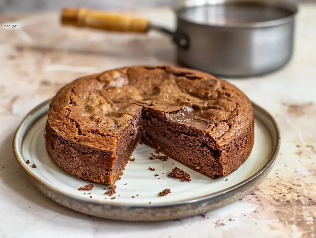 Kladdkaka med saltkristaller, perfekt för ett enkelt kladdkaka recept. En bit är bortskuren och visar den härliga, kladdiga insidan.
